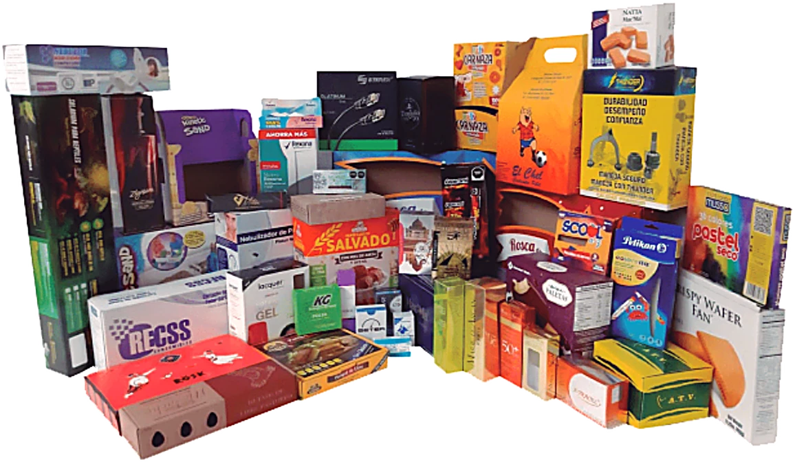 Selección de cajas plegadizas de cartón impresas fabricadas por FIPSA para diversas marcas e industrias